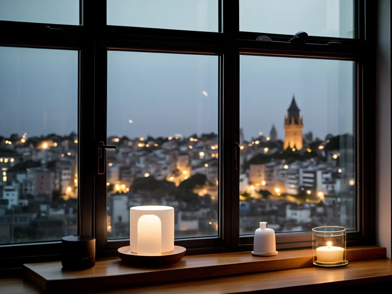 A wifi router in a Porto hotel room with city lights in the background.