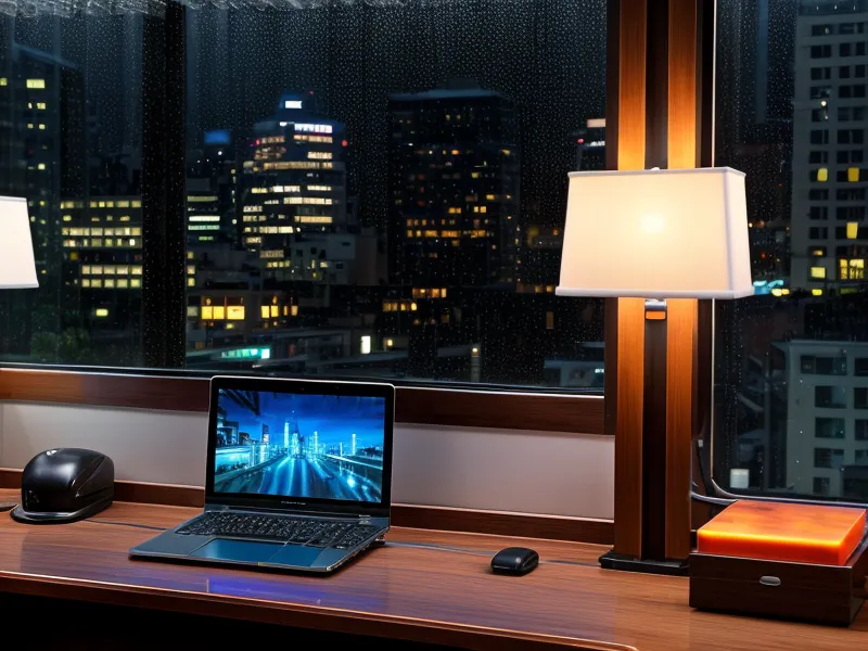 A compact travel router with a blinking blue LED light on a nightstand.