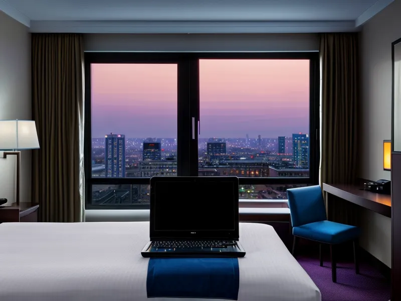 A small travel router set up on a hotel desk for a private Wi-Fi network.