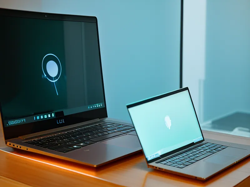 A travel router and streaming stick on a desk in a dimly lit hotel room