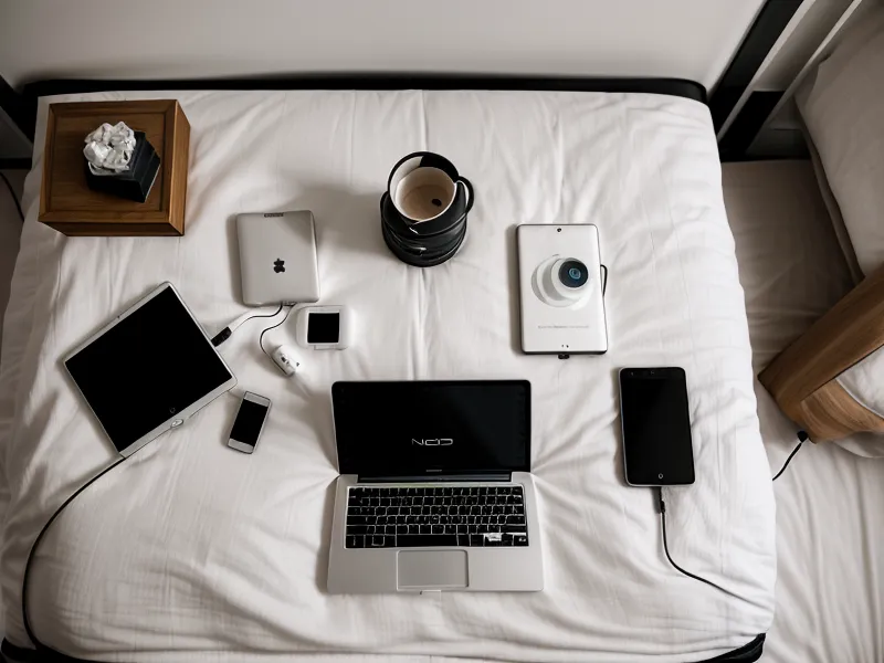 Multiple devices logged into a VPN on a bed in a Lisbon apartment.