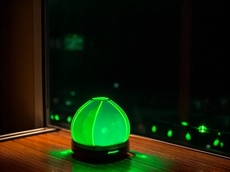 A Wi-Fi router on a windowsill overlooking a rainy Mexico City street.
