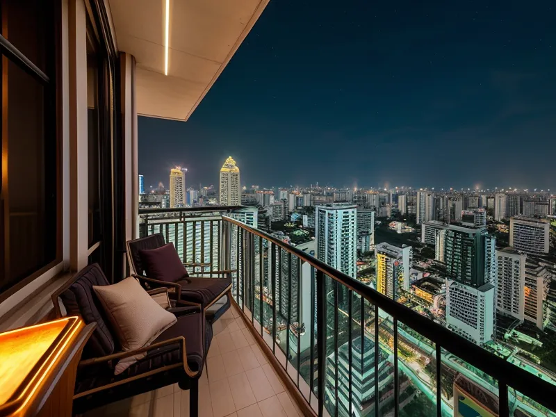 A tablet showing a movie on a Bangkok balcony at night
