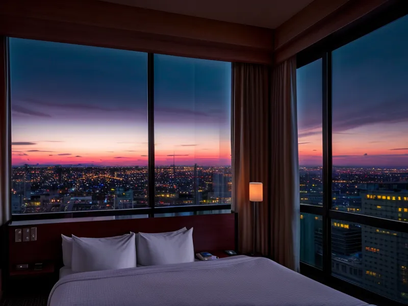 A travel router and smartphone on a desk with the Bangkok night skyline background.