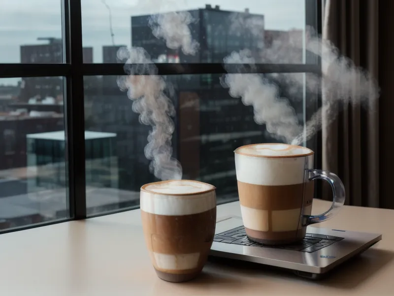 Close-up of a laptop with a VPN app open next to a coffee
