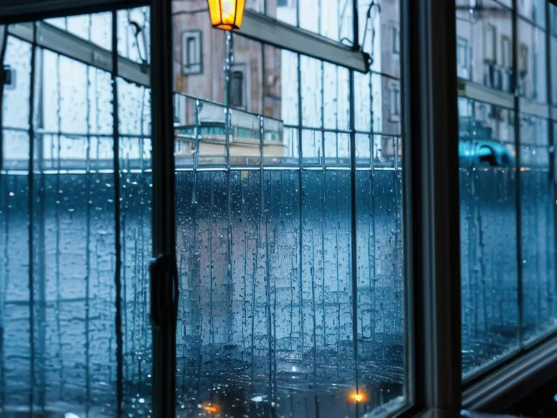 View through a Lisbon cafe window during a spring rain