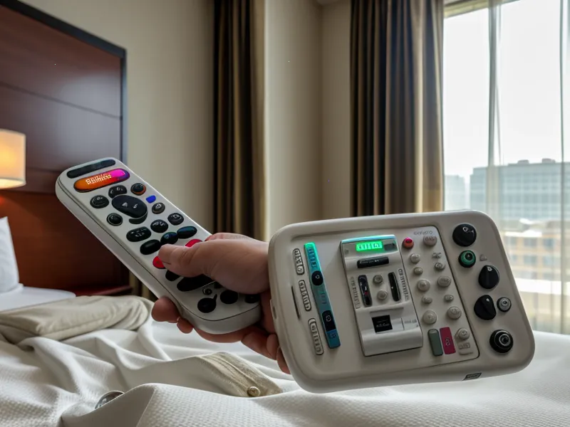A hotel remote control on a bed in Bangkok with an AC unit in the background.